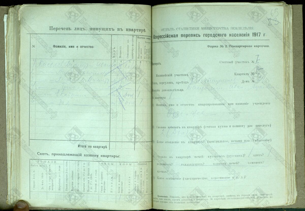 Всероссийская перепись городского населения 1917 года, квартирная карточка